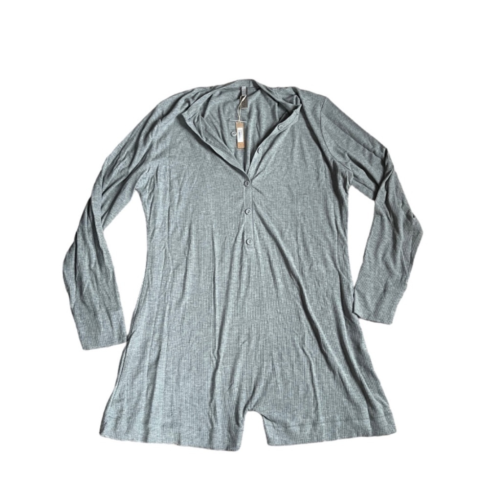 NWT SKIMS 4XL Lounge Button Henley Romper Onsie Rib Long Sleeve Gray‎ MSRP 120